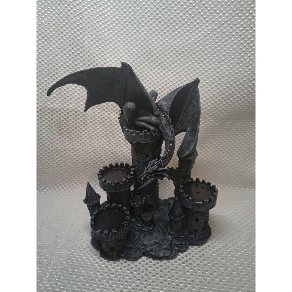 Halloween Gothic Black Dragon on Castle Tea Light Candle Holder Statue Resin